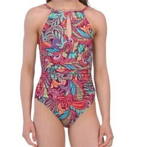 Ellen Tracy NWT High Neck Keyhole One Piece Swimsuit in Power Paisley size 14